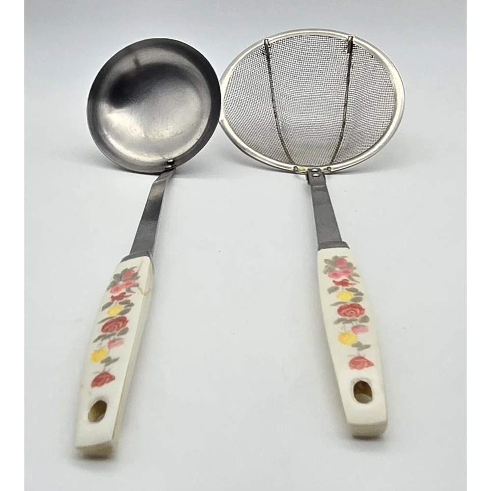 Vintage‎ Japan Stainless Floral Handle Kitchen Utensils Set Ladle Strainer
